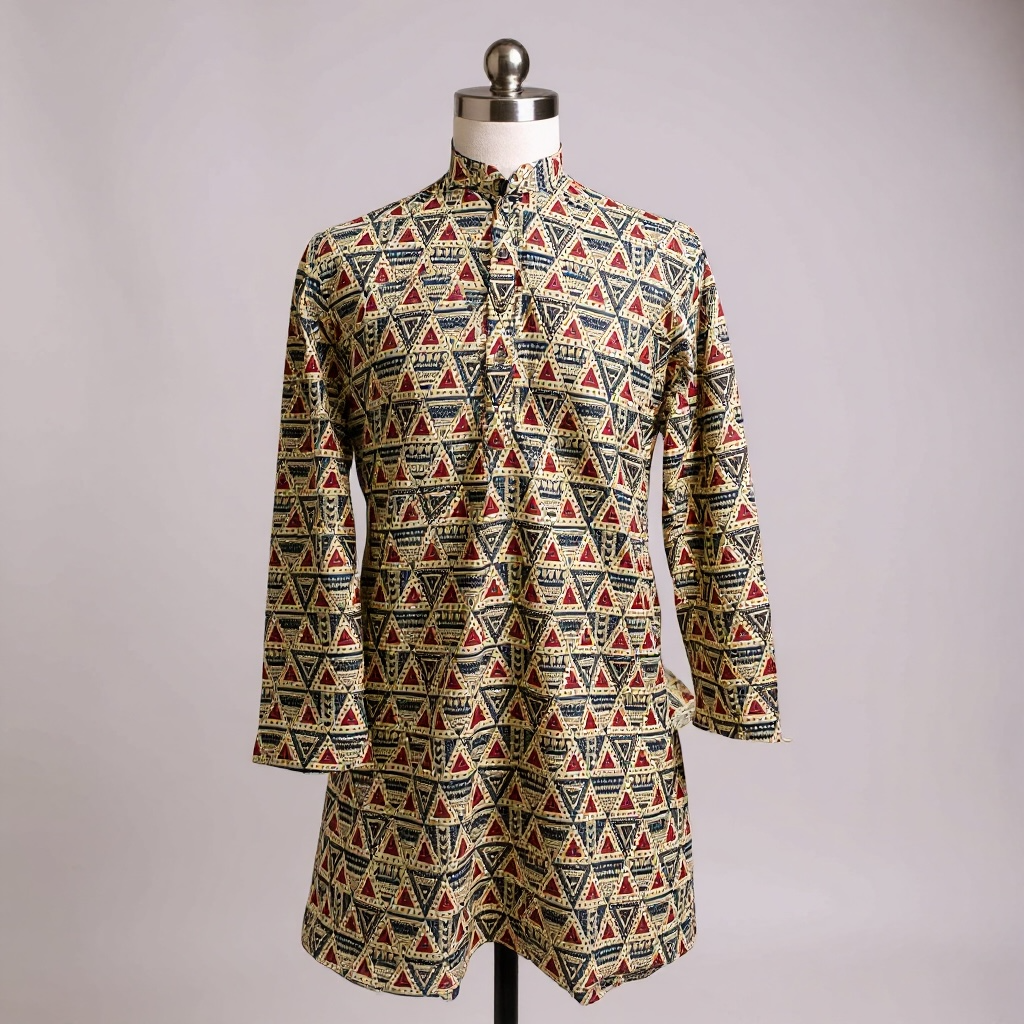 Beige Triangles Printed Full Sleeves Long Kurta for Men
