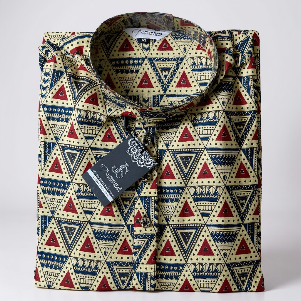 Beige Triangles Printed Full Sleeves Long Kurta for Men