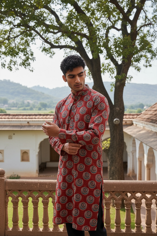 Maroon Chakra Printed Full Sleeves Long Kurta for Men