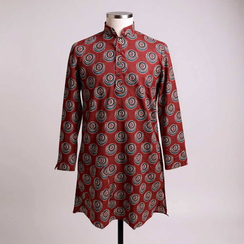 Maroon Chakra Printed Full Sleeves Long Kurta for Men