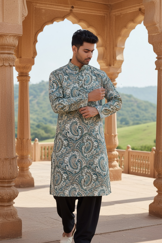 Ivory Teal Paisley Printed Full Sleeves Long Kurta for Men
