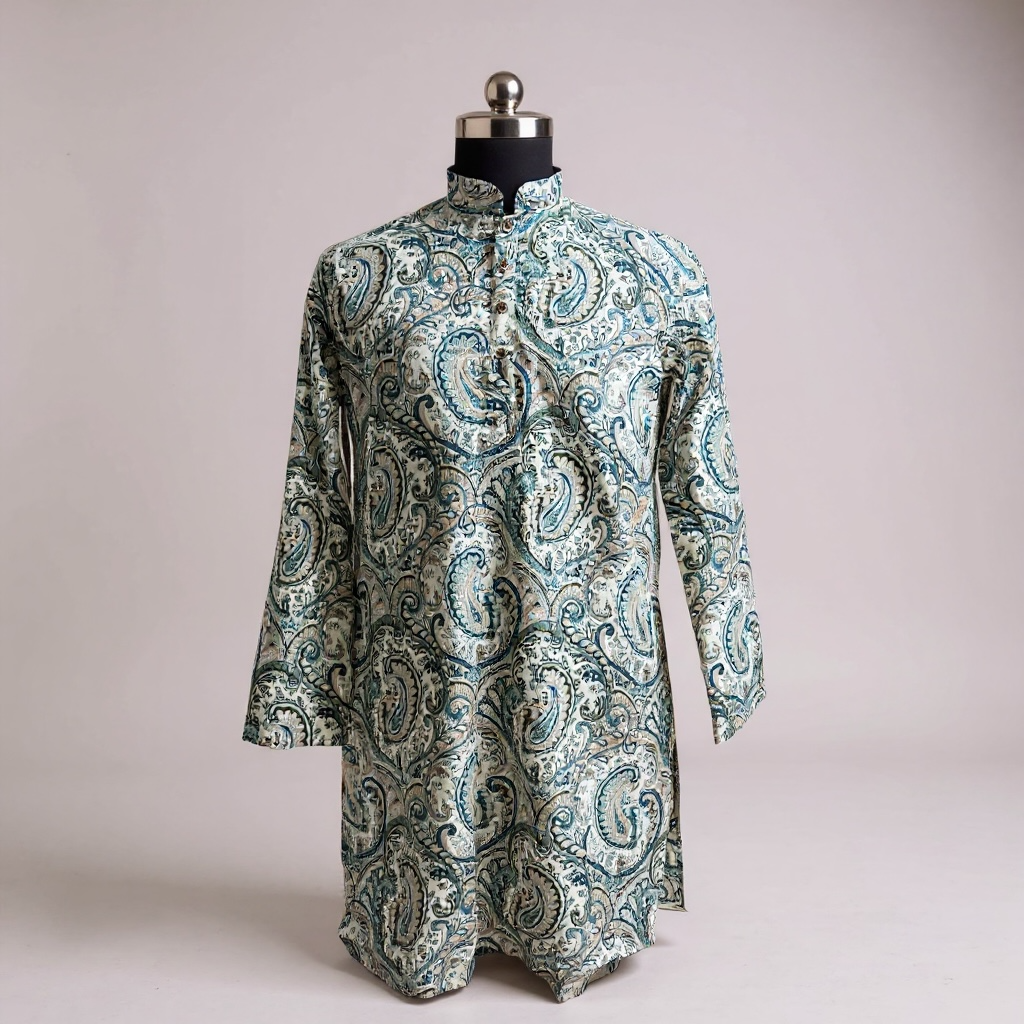 Ivory Teal Paisley Printed Full Sleeves Long Kurta for Men