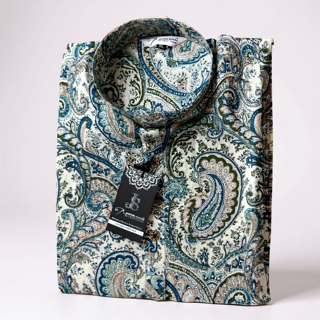 Ivory Teal Paisley Printed Full Sleeves Long Kurta for Men