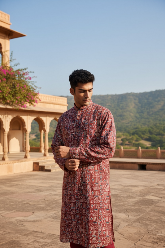 Red Tribal Motif Printed Full Sleeves Long Kurta for Men