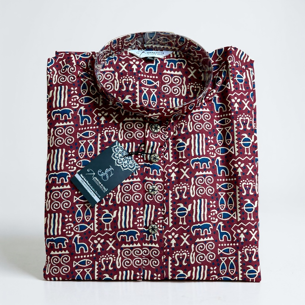 Red Tribal Motif Printed Full Sleeves Long Kurta for Men