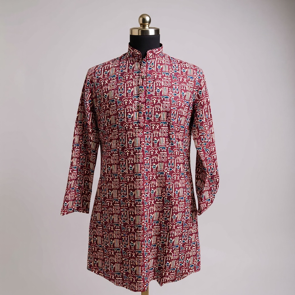 Red Tribal Motif Printed Full Sleeves Long Kurta for Men