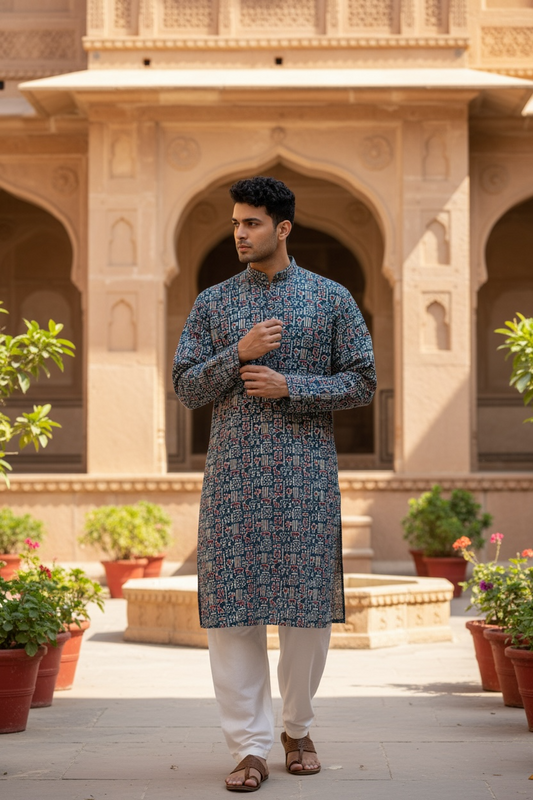 Blue Tribal Motif Printed Full Sleeves Long Kurta for Men