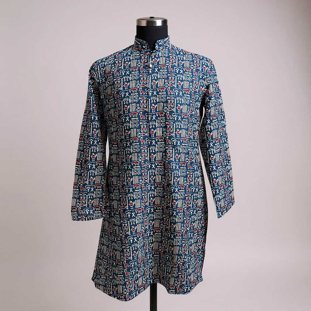 Blue Tribal Motif Printed Full Sleeves Long Kurta for Men