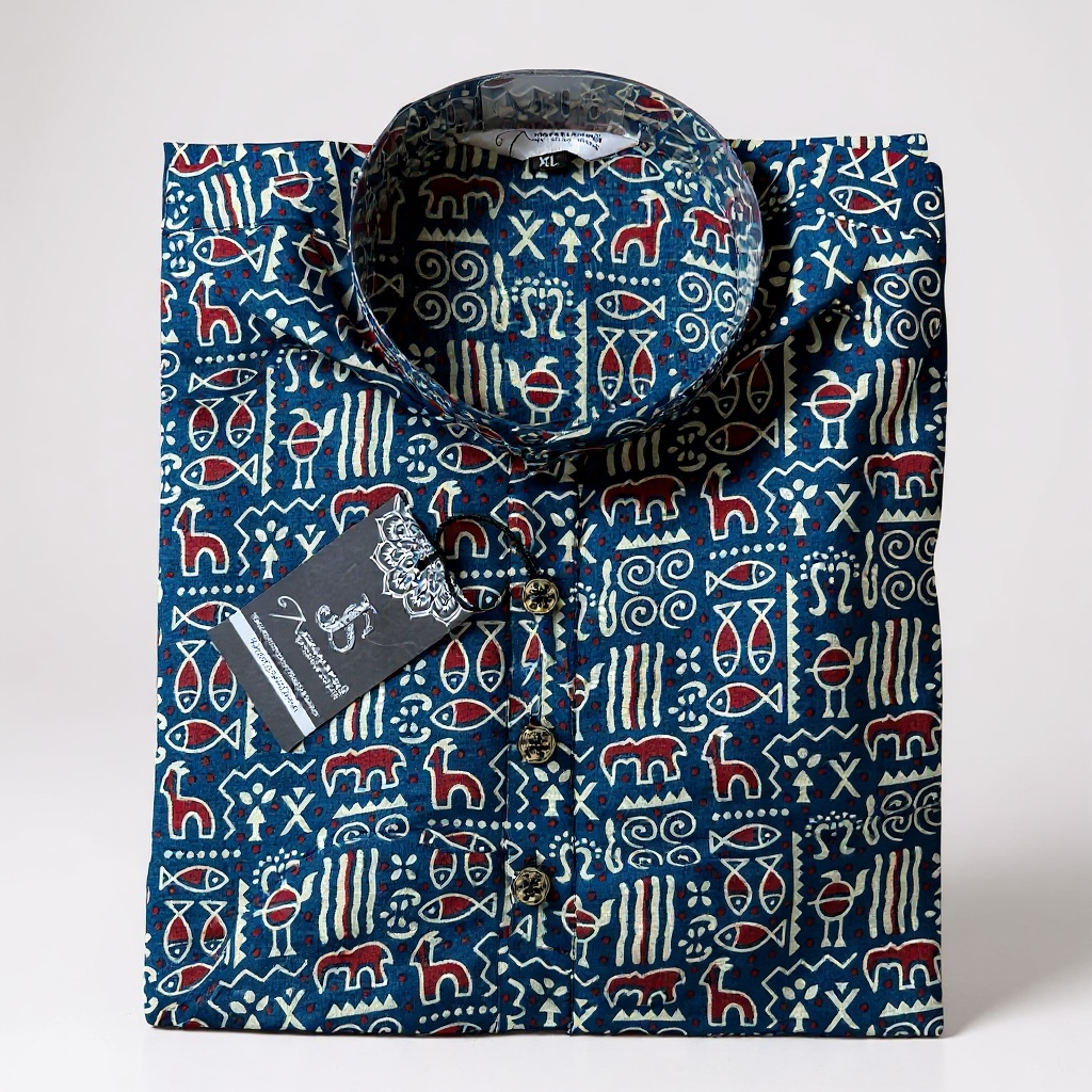 Blue Tribal Motif Printed Full Sleeves Long Kurta for Men