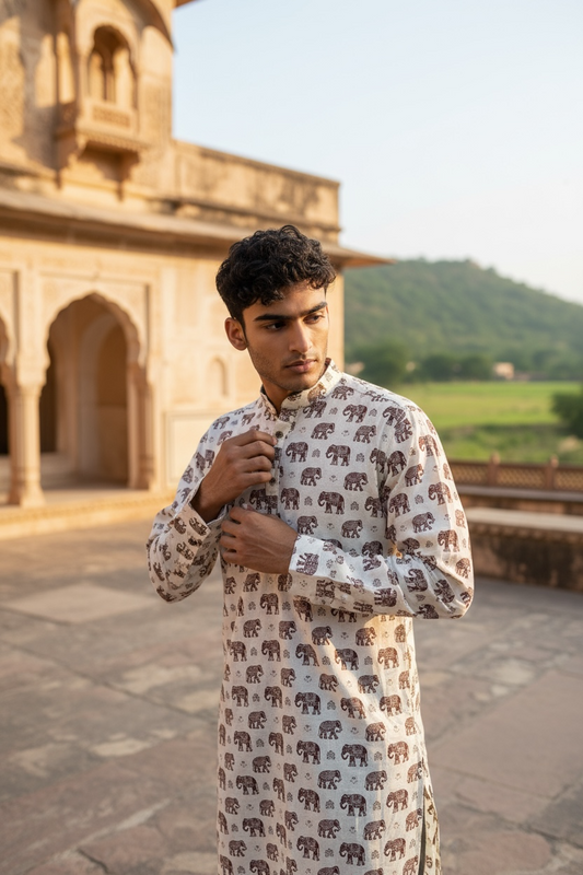 Ivory Maroon Elephant Printed Full Sleeves Long Kurta for Men