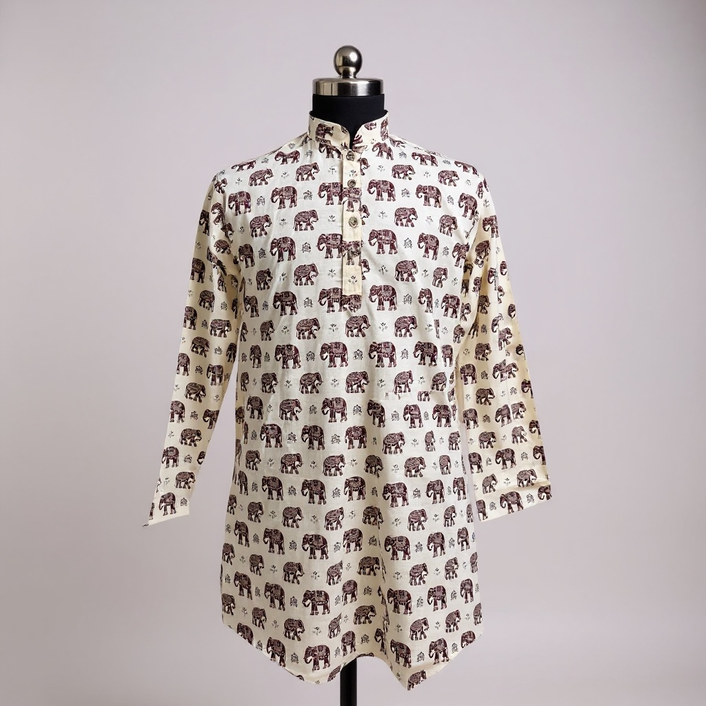 Ivory Maroon Elephant Printed Full Sleeves Long Kurta for Men