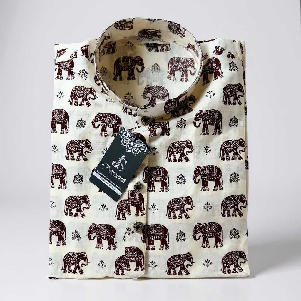 Ivory Maroon Elephant Printed Full Sleeves Long Kurta for Men