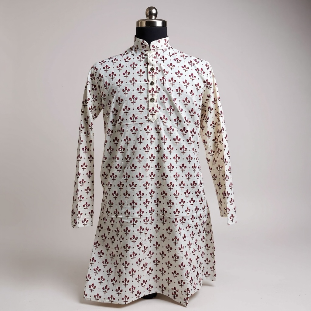 Ivory Maroon Mughal Boota Printed Full Sleeves Long Kurta for Men
