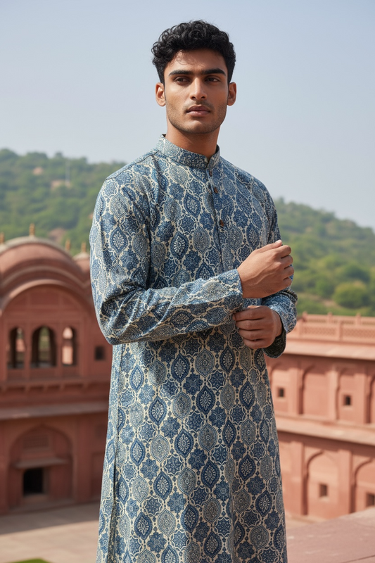 Blue Tile Printed Full Sleeves Long Kurta for Men