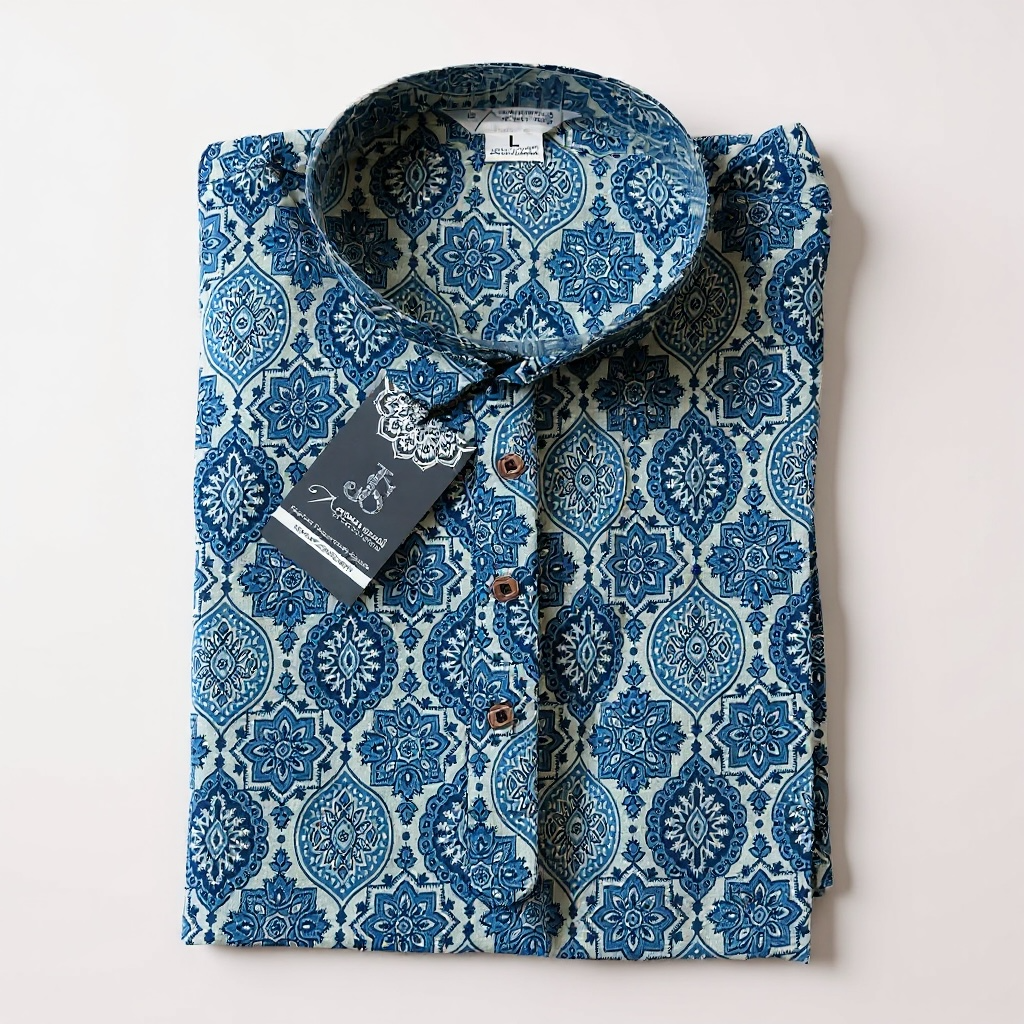 Blue Tile Printed Full Sleeves Long Kurta for Men