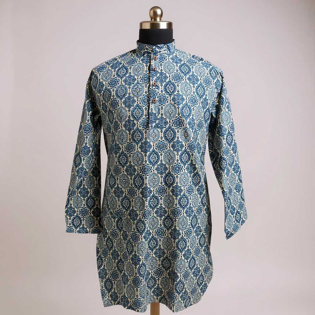 Blue Tile Printed Full Sleeves Long Kurta for Men