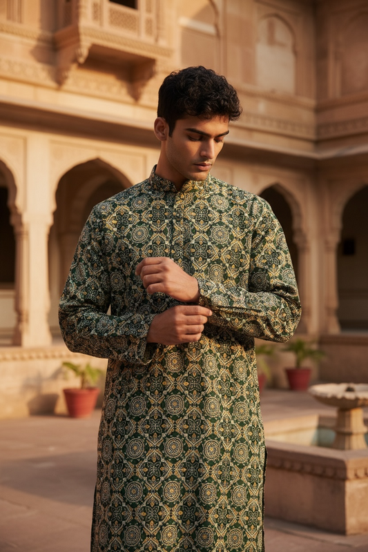 Hara Meenakari Jaal Printed Full Sleeves Long Kurta for Men