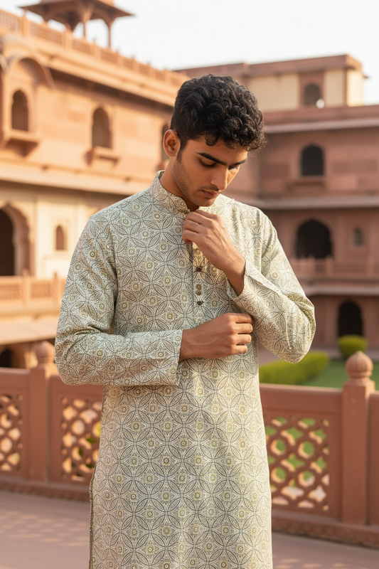 Pastel Mandala Jaali Printed Full Sleeves Long Kurta for Men