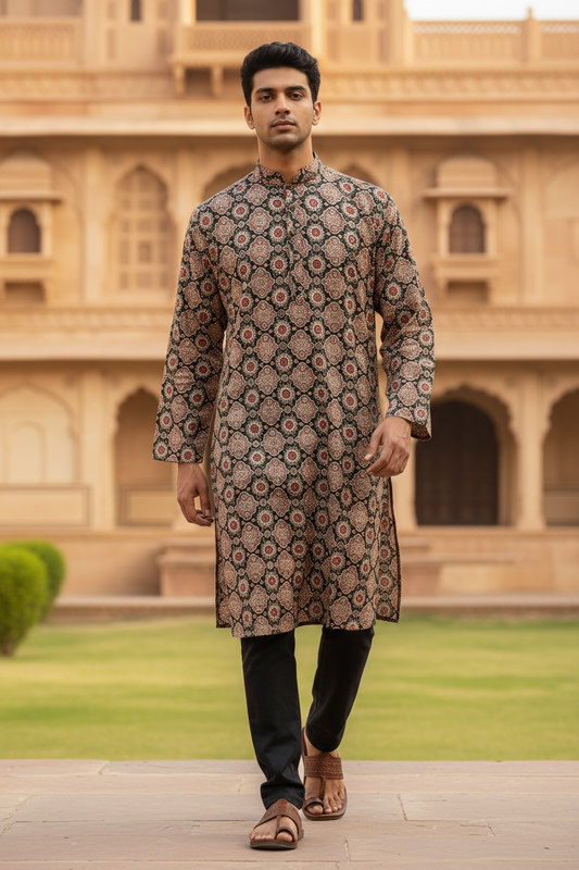 Black Meena Jaal Printed Full Sleeves Long Kurta for Men