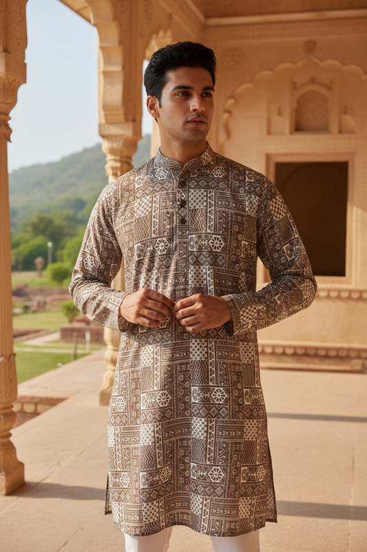 Desert Sand Geometric Jaal Printed Full Sleeves Long Kurta for Men