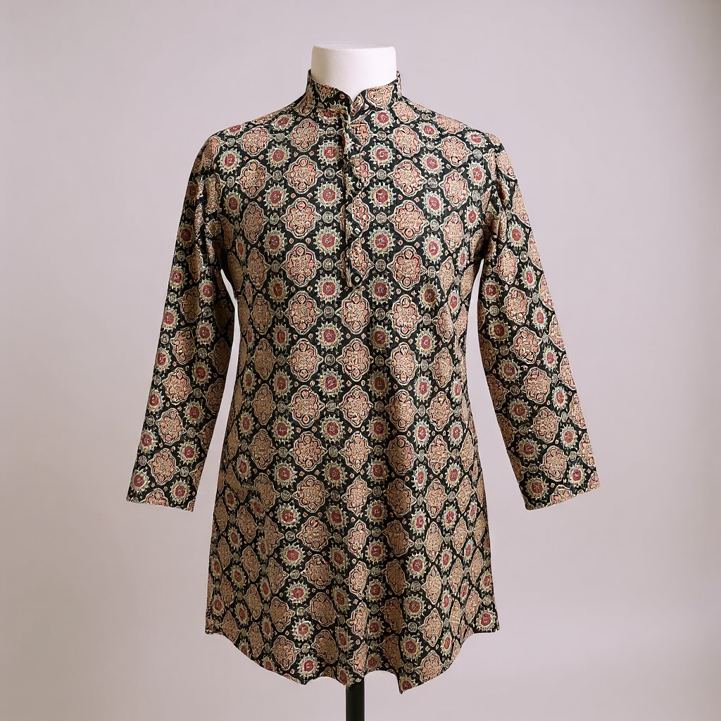 Black Meena Jaal Printed Full Sleeves Long Kurta for Men
