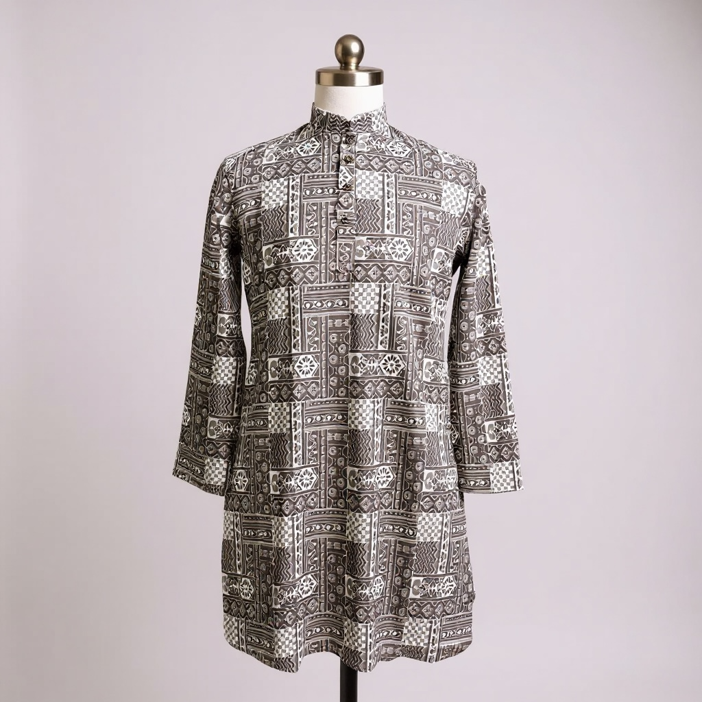 Desert Sand Geometric Jaal Printed Full Sleeves Long Kurta for Men
