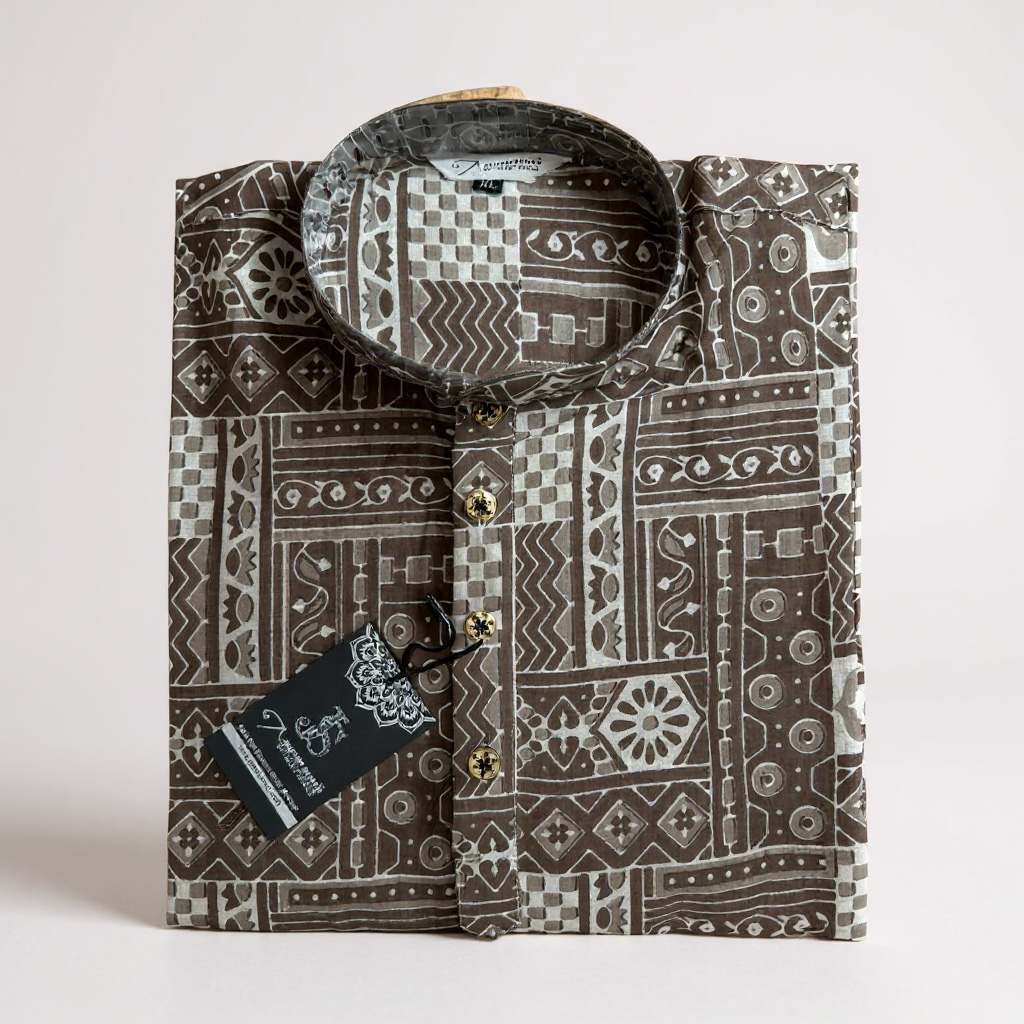Desert Sand Geometric Jaal Printed Full Sleeves Long Kurta for Men