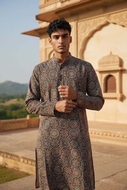 Octagon Ajrakh Printed Full Sleeves Long Kurta for Men