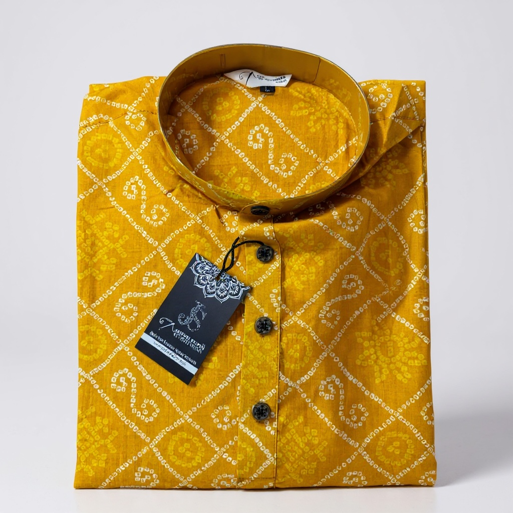 Yellow Bandhani Diamond Printed Full Sleeves Long Kurta for Men