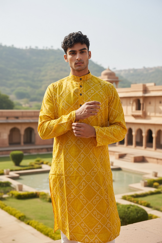Yellow Bandhani Diamond Printed Full Sleeves Long Kurta for Men