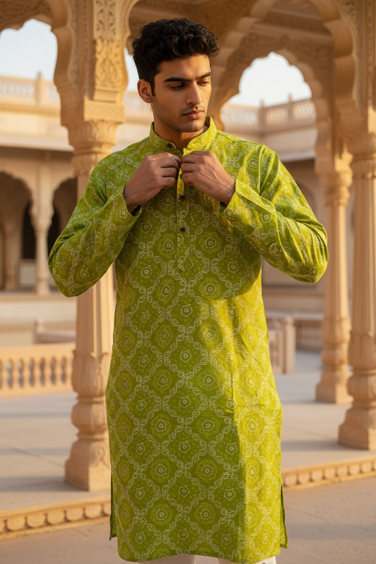 Lime BandhejBaaz Printed Full Sleeves Long Kurta for Men