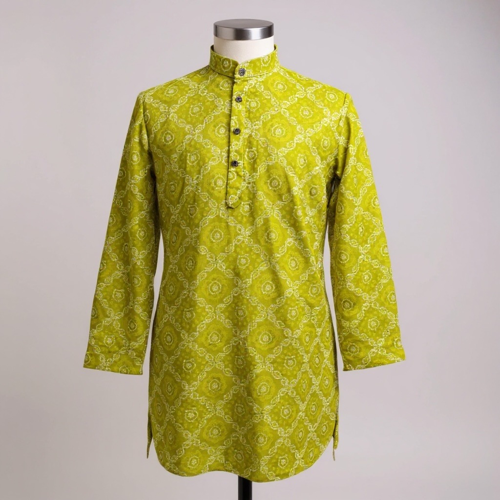 Lime BandhejBaaz Printed Full Sleeves Long Kurta for Men