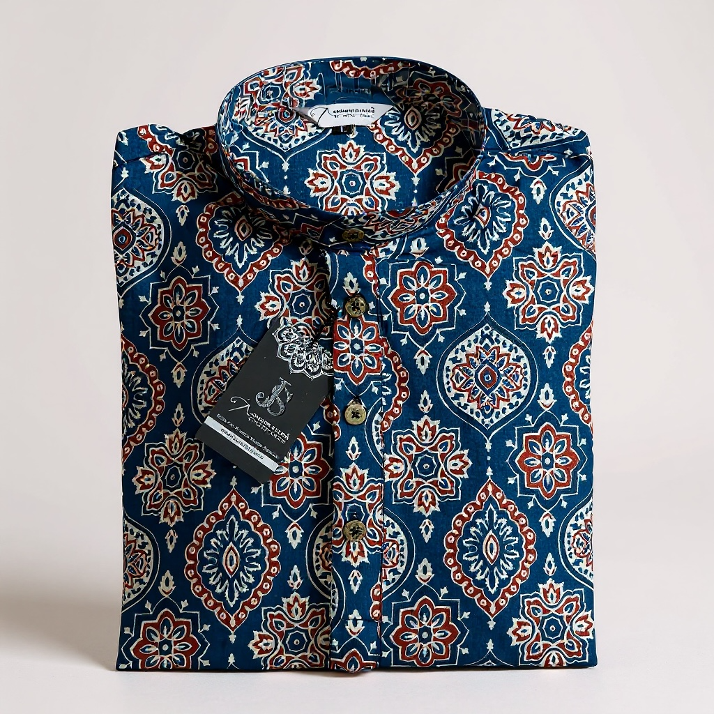 Royal Indigo Ajrak Printed Full Sleeves Long Kurta for Men