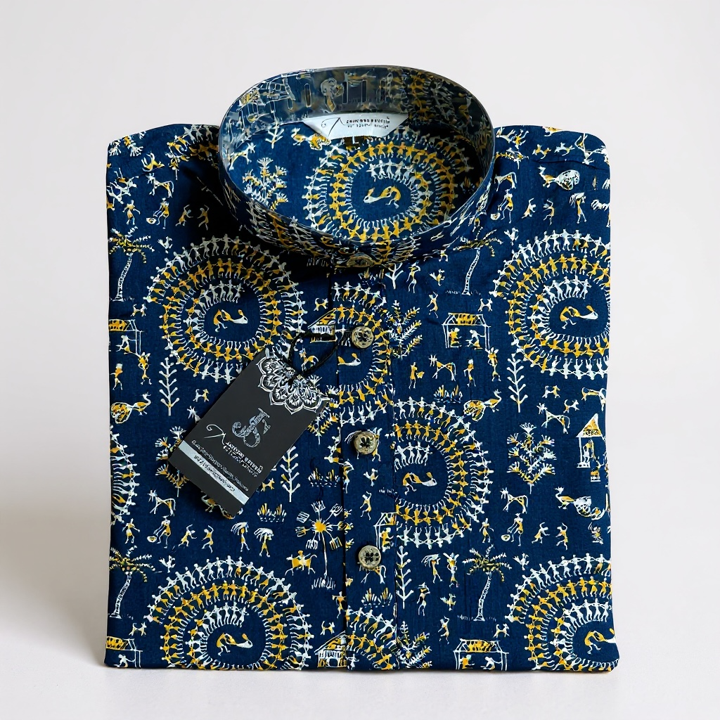 Blue Tribal Spiral Printed Full Sleeves Long Kurta for Men