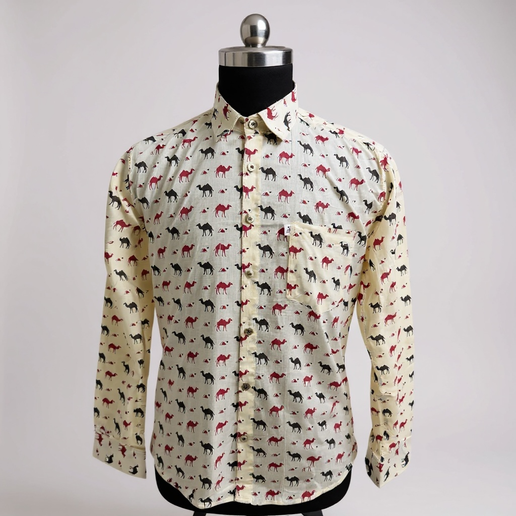 Red and Black Camel Printed Full Sleeves Cotton Shirt for Men