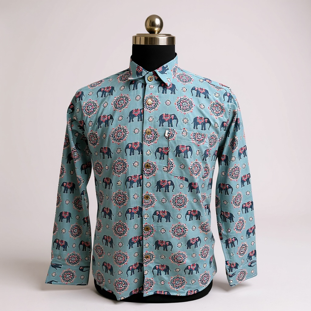 Sky Blue Hathi Mahal Printed Full Sleeves Cotton Shirt for Men