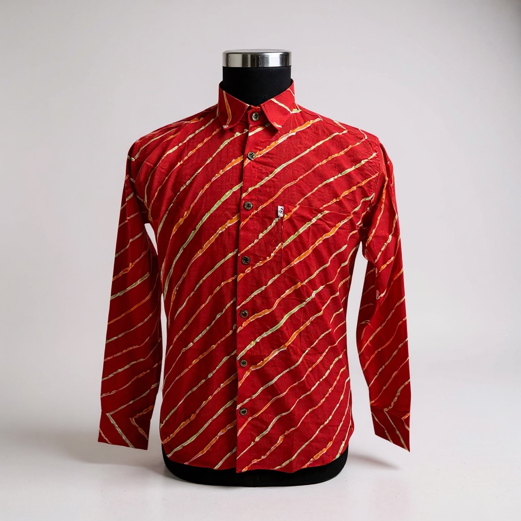 Red Leheriya Striped Full Sleeves Cotton Shirt for Men