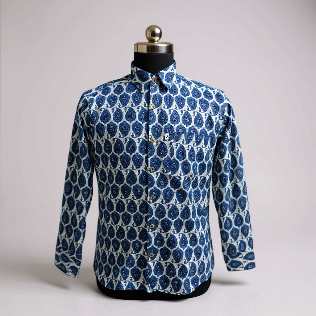 Blue Leaf Boota Printed Full Sleeves Cotton Shirt for Men