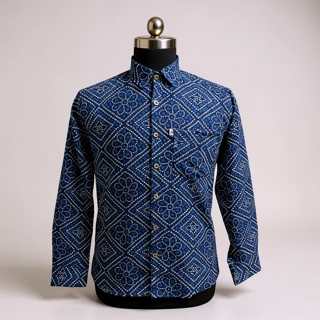 Blue Bandhej Box Printed Full Sleeves Cotton Shirt for Men
