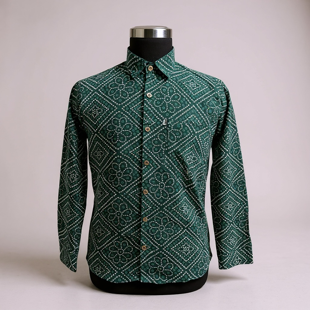 Green Bandhej Box Printed Full Sleeves Cotton Shirt for Men