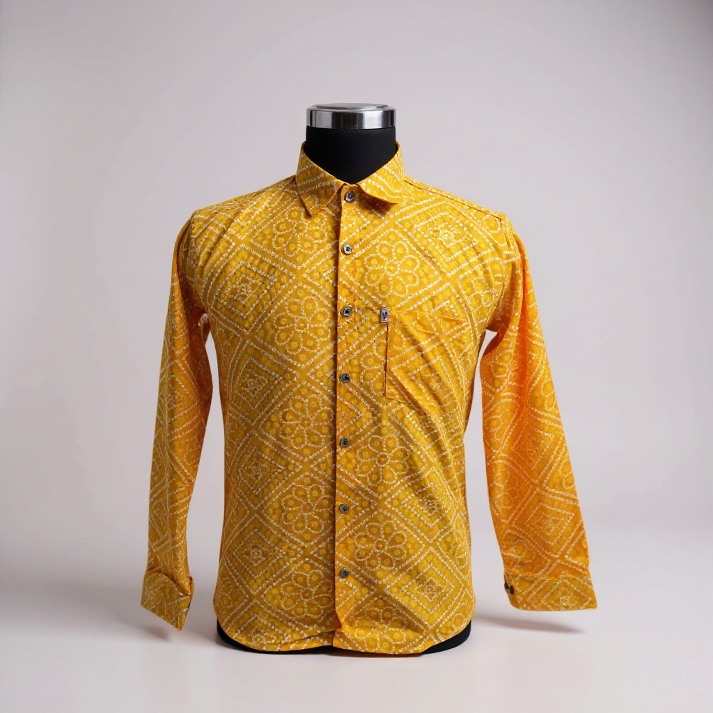 Yellow Bandhej Box Printed Full Sleeves Cotton Shirt for Men
