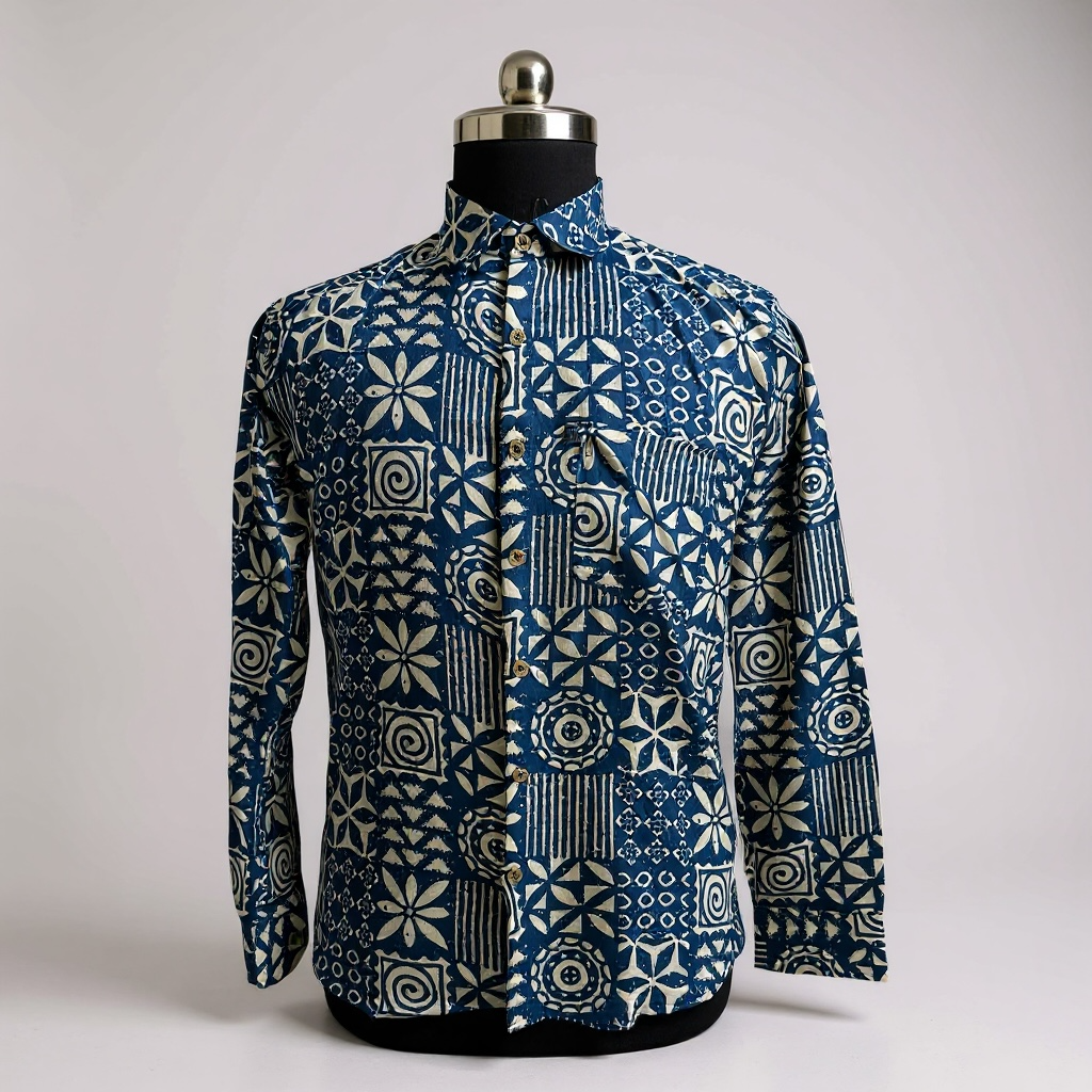 Blue Mosaic Block Printed Full Sleeves Cotton Shirt for Men