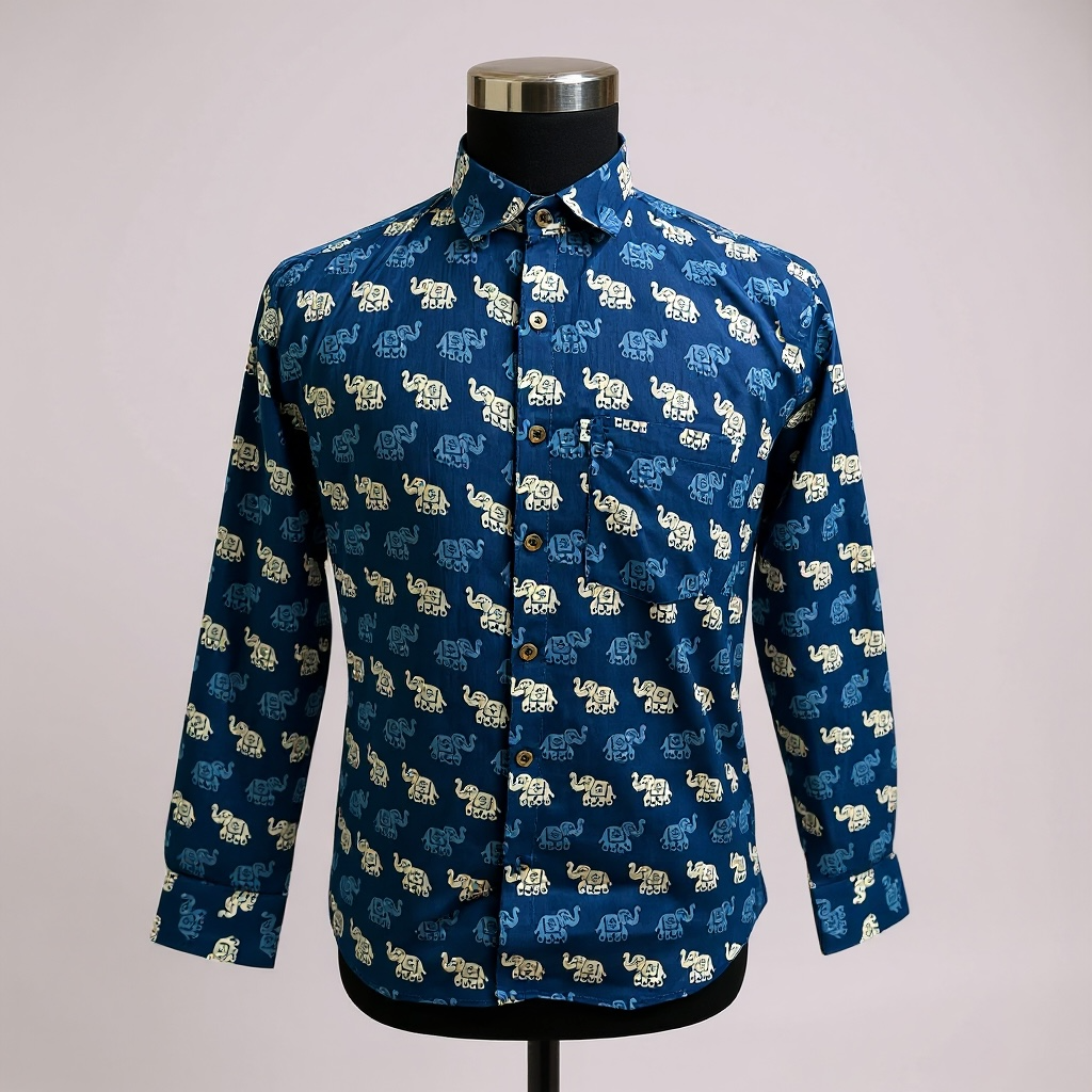 Jaipuri Blue Elephant Printed Men’s Full Sleeves Cotton Shirt