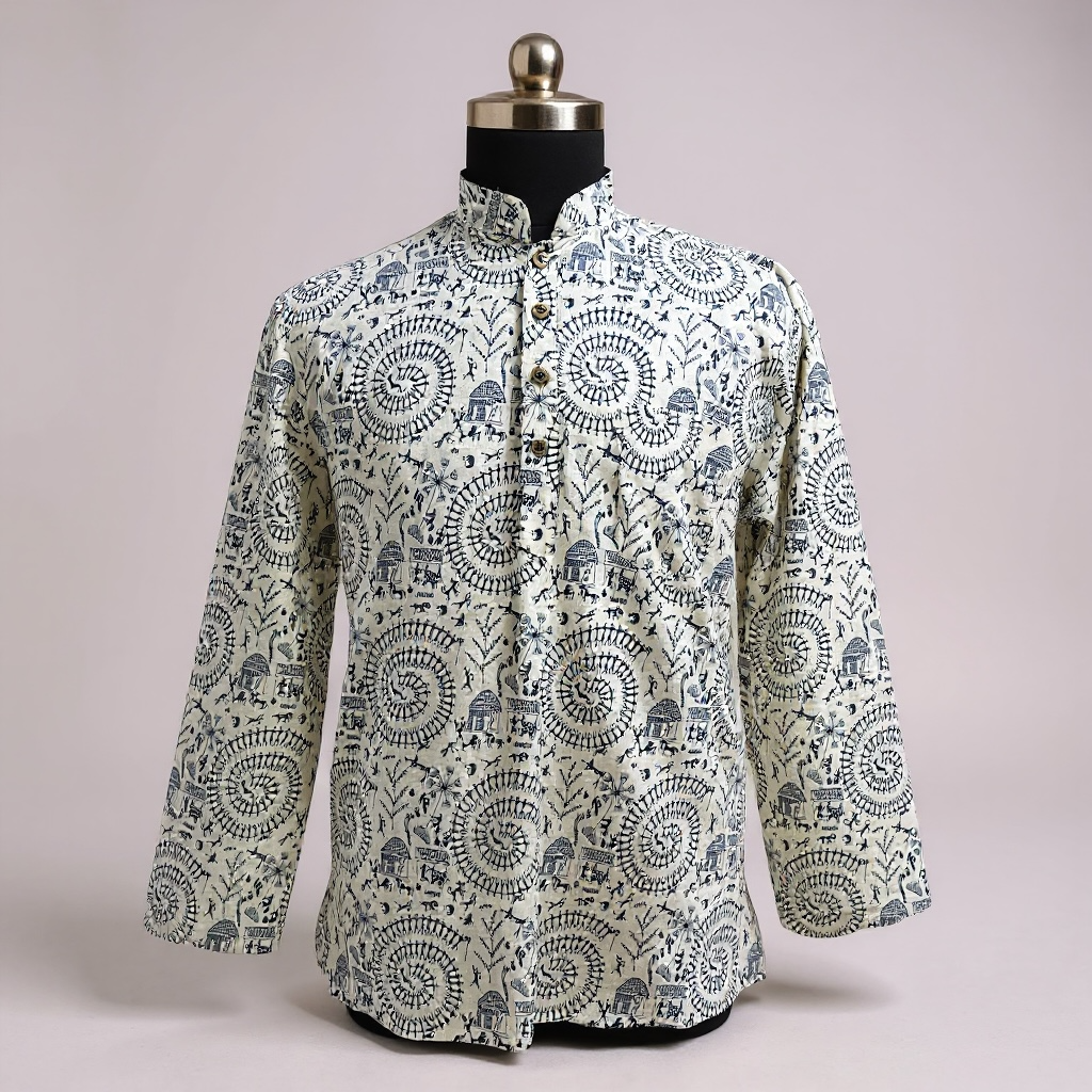 White Blue Tribal Printed Full Sleeves Short Kurta for Men