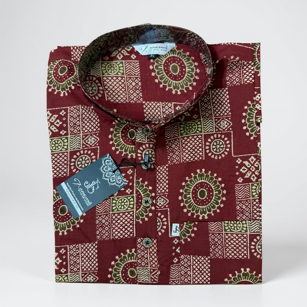Maroon Mandala Box Printed Full Sleeves Short Kurta for Men
