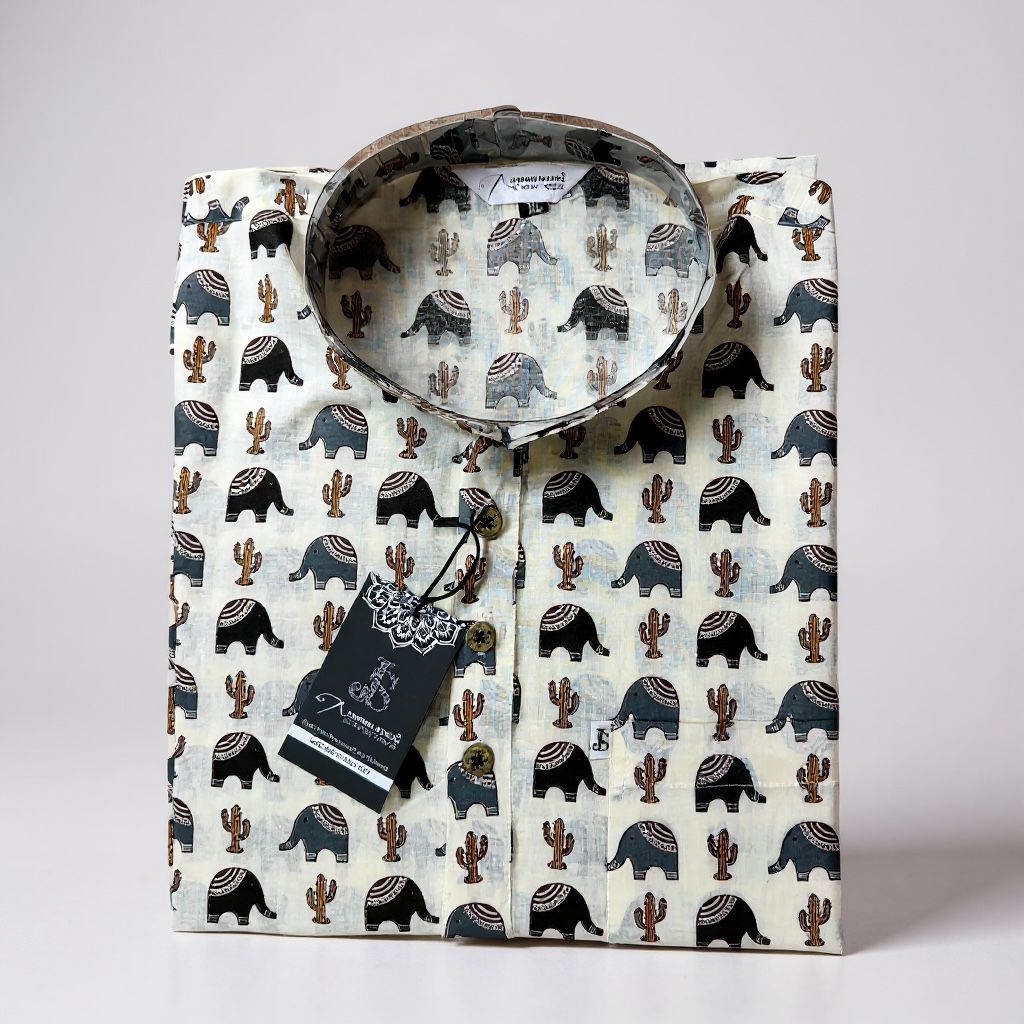 Ivory Blue Cactus & Elephant Printed Full Sleeves Short Kurta for Men