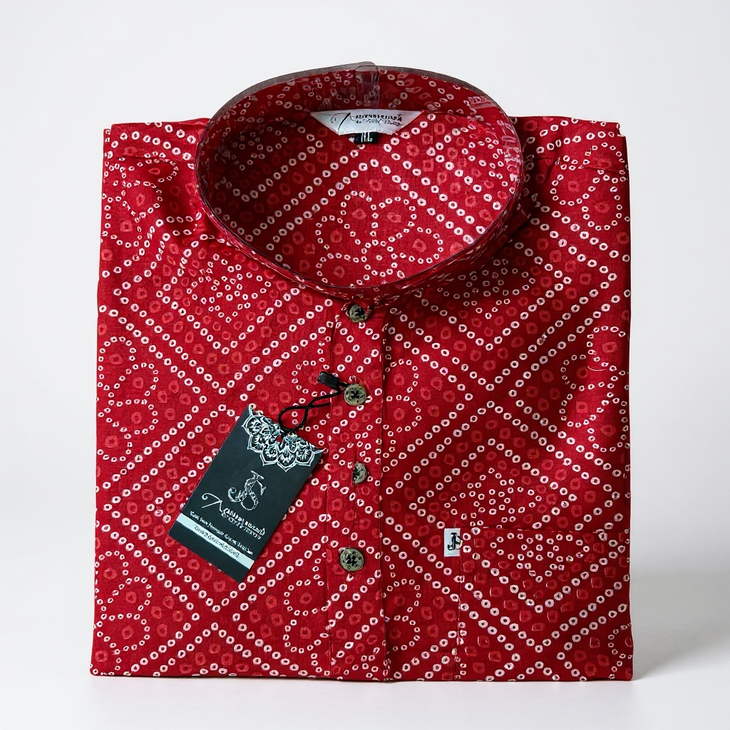 Red Bandhej Box Printed Full Sleeves Short Kurta for Men