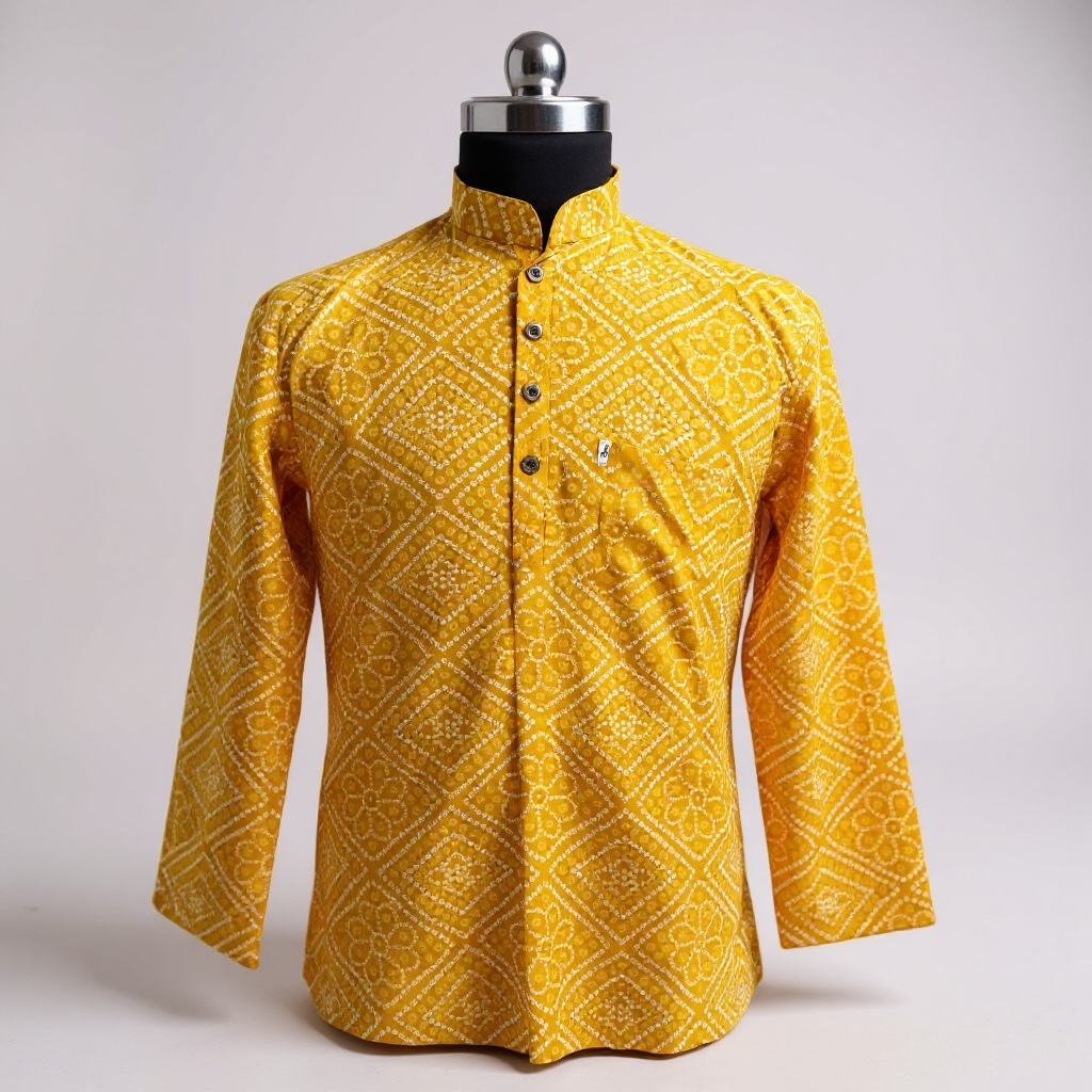 Yellow Bandhej Box Printed Full Sleeves Short Kurta for Men