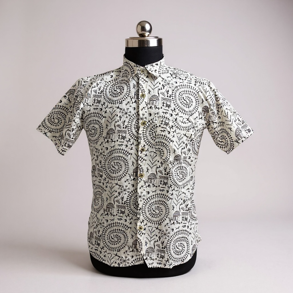Ivory Spiral Motif Printed Men’s Half Sleeves Cotton Shirt