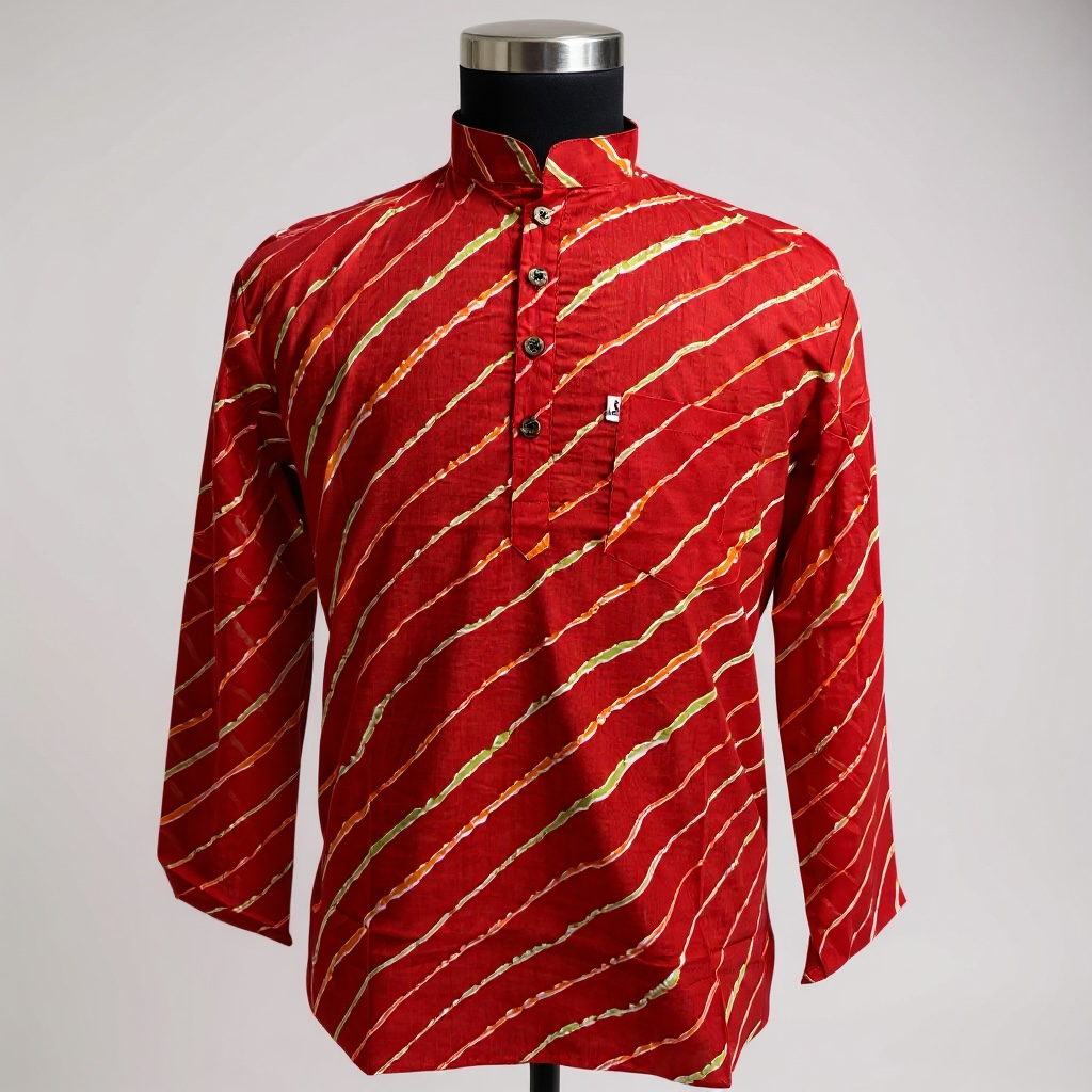 Red Leheriya Stripe Printed Full Sleeves short Kurta for Men